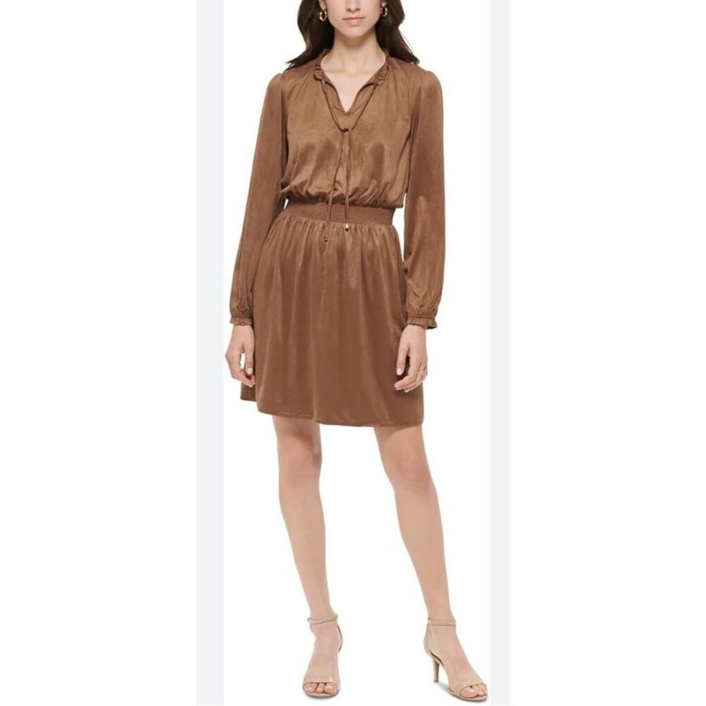 Tommy Hilfiger Brown Pleated‎ Ruffle Velour Blouson Mini Dress 8 NWOT